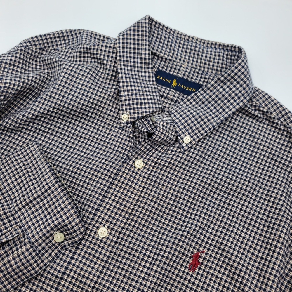 Ralph Lauren Mens XL Navy White Micro Check Cotton Button Down Shirt Long Sleeve